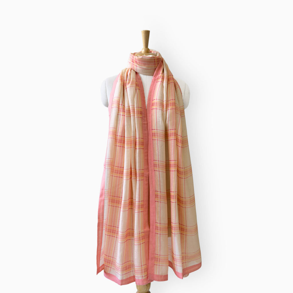 Mix Dupatta Dupatta Light Peach Printed Madras Checks Pure Linen Duppata