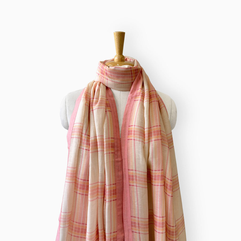 Mix Dupatta Dupatta Light Peach Printed Madras Checks Pure Linen Duppata