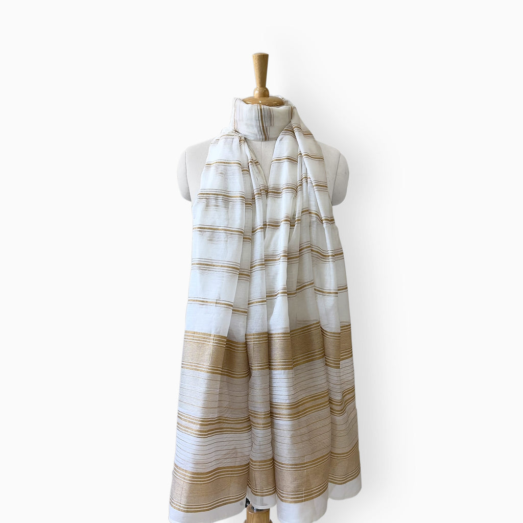 Mix Dupatta Dupatta Off-White & Golden Stripes Woven Pure Mul Chanderi Dupatta
