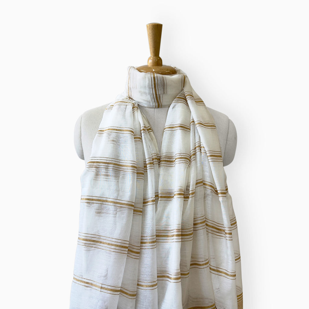 Mix Dupatta Dupatta Off-White & Golden Stripes Woven Pure Mul Chanderi Dupatta