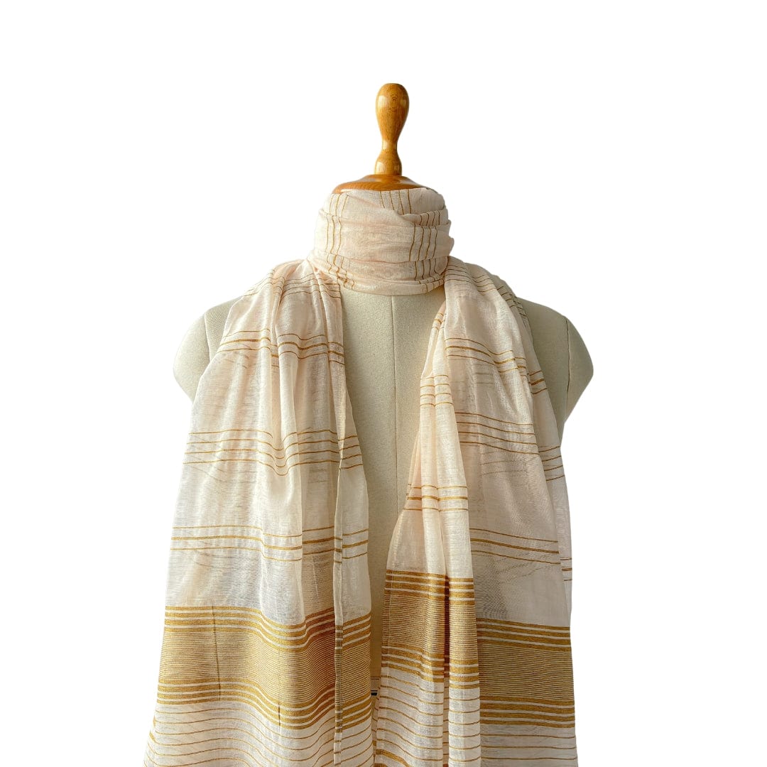 Mix Dupatta Dupatta White & Gold Stripes Woven Pure Cotton Silk Dupatta (Width 36 Inches | 2.4 Meter)