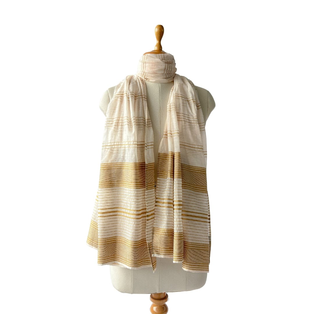 Mix Dupatta Dupatta White & Gold Stripes Woven Pure Cotton Silk Dupatta (Width 36 Inches | 2.4 Meter)