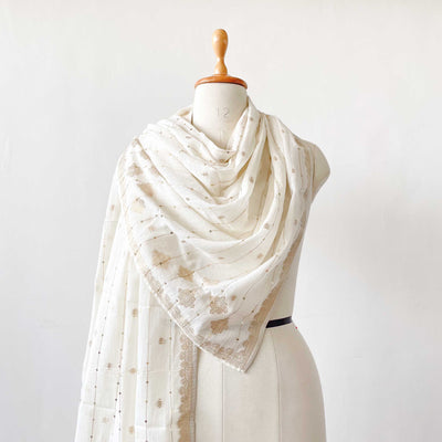 Mix Dupatta Dupatta White & Gold Traditional Floral Embroidered Woven Pure Mul Cotton Dupatta (Width 36 Inches)