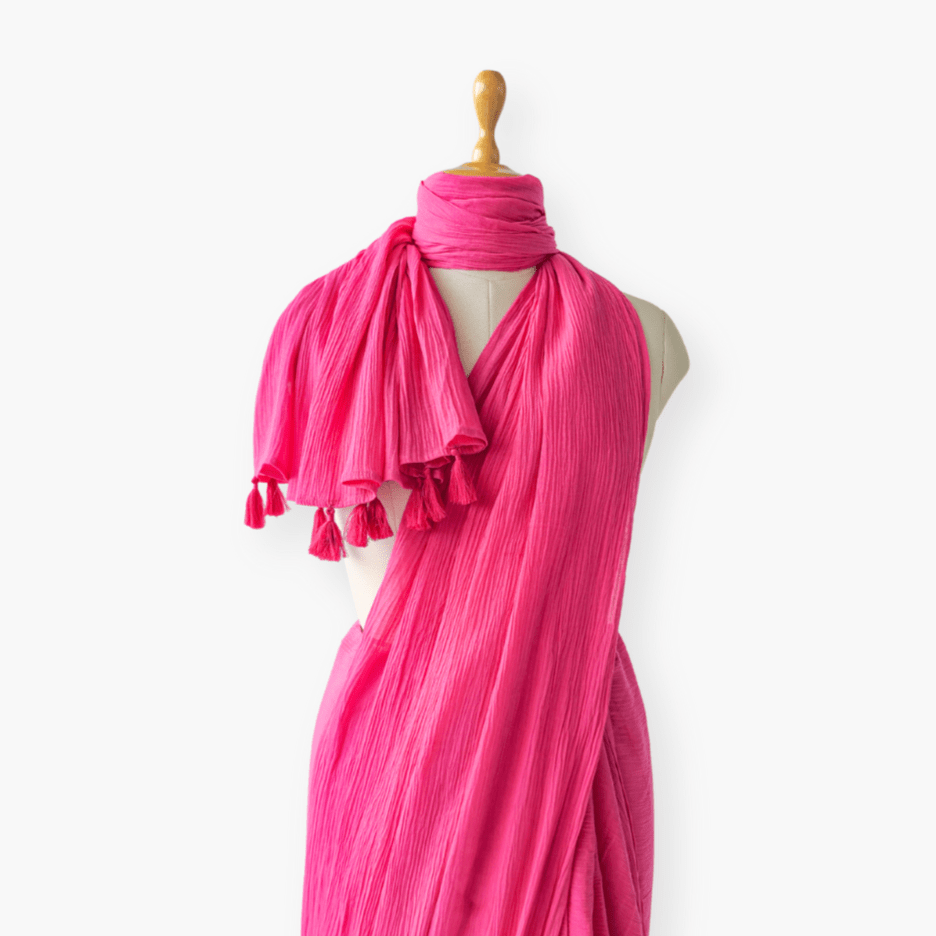 Mix Saree Saree Bright Pink Hand-Dyed Soft Cotton Wrinkle Saree