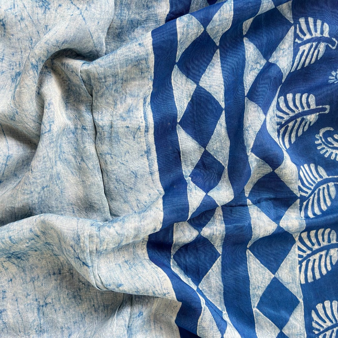 Mix Saree Saree Indigo Dabu Abstract Leaf Hand Block Printed Soft Munga Saree