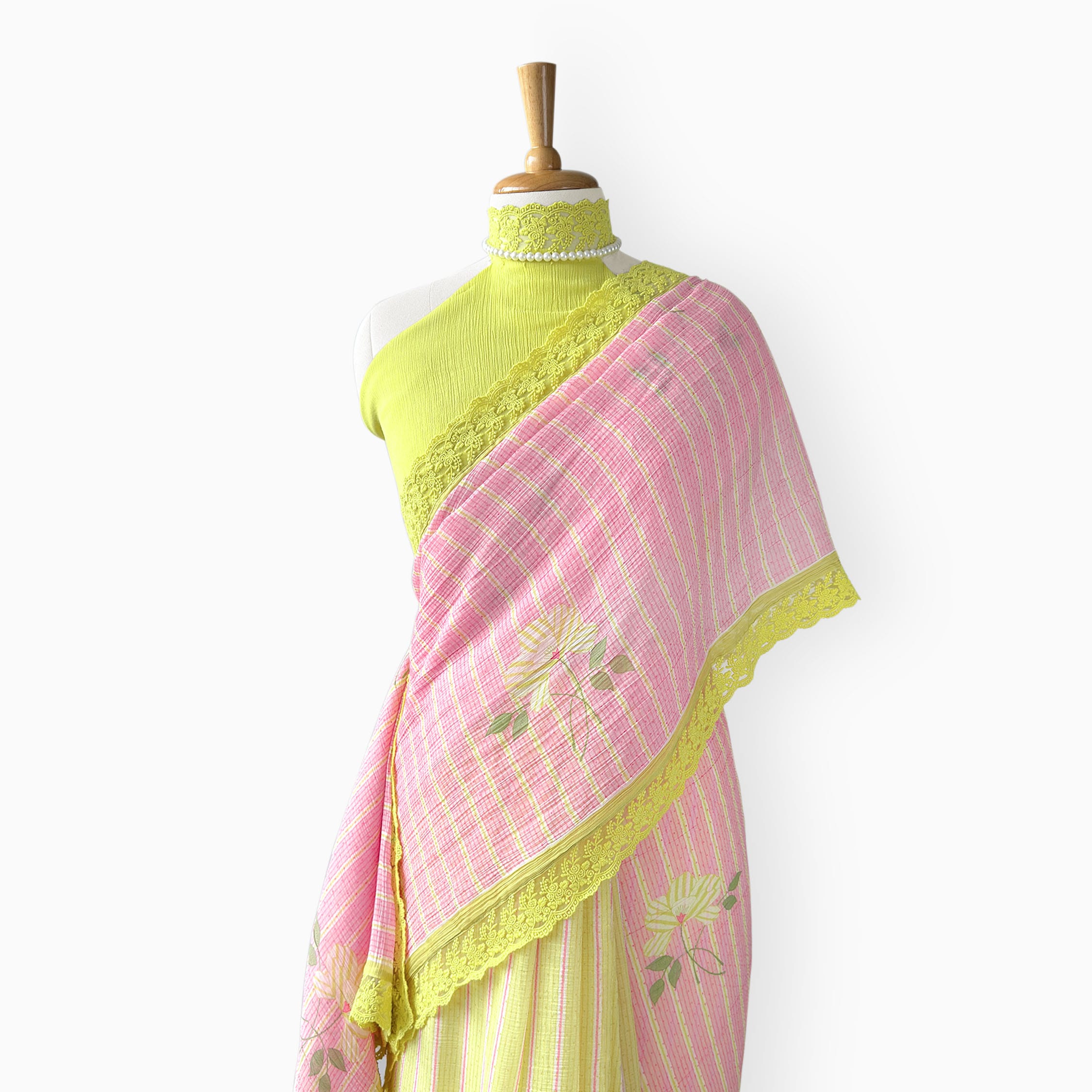Mul Chanderi Crush Saree Saree Blush Pink & Bright Yellow Mul Chanderi Crush Saree