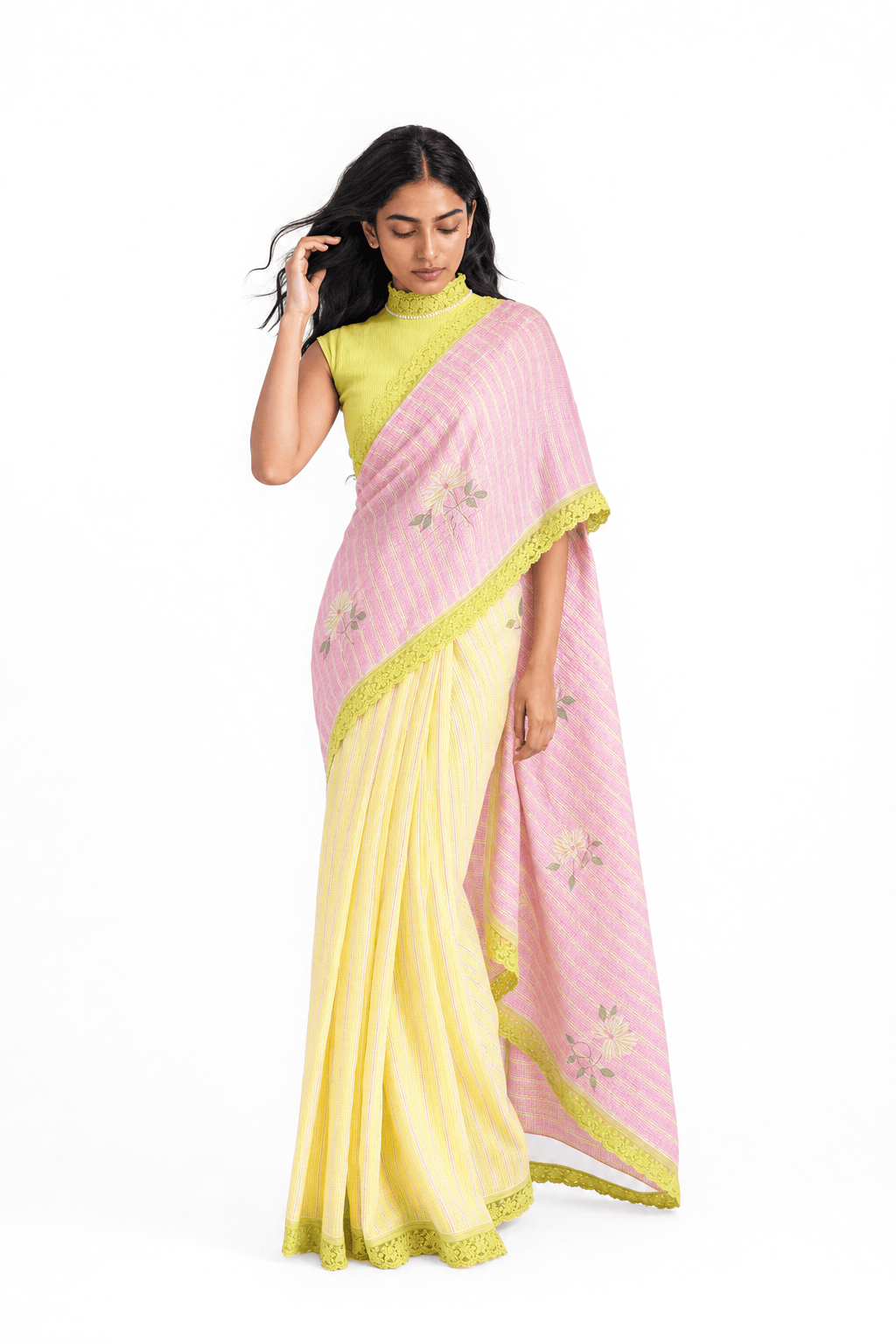 Mul Chanderi Crush Saree Saree Blush Pink & Bright Yellow Mul Chanderi Crush Saree