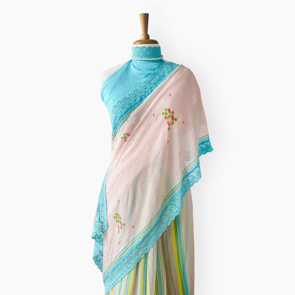 Mul Chanderi Crush Saree Saree Light Pink & Blue Mul Chanderi Crush Saree