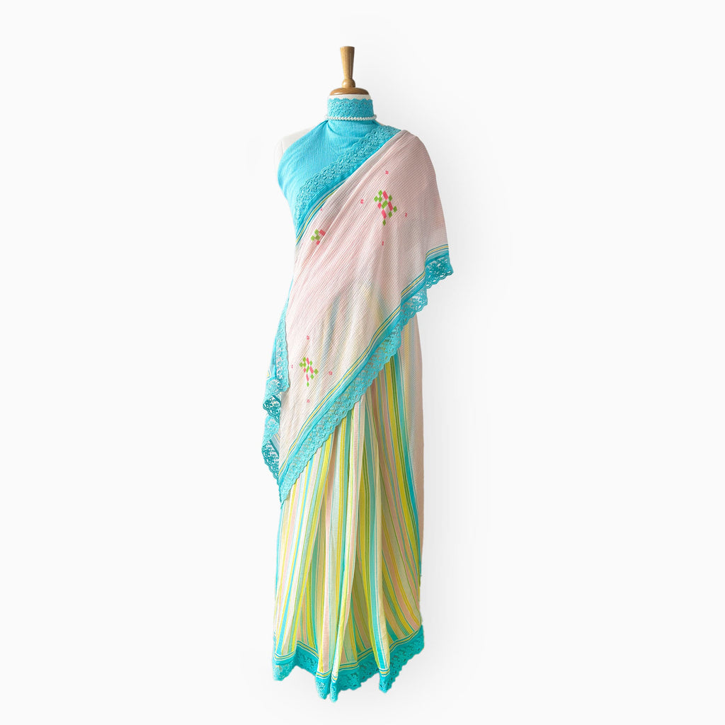 Mul Chanderi Crush Saree Saree Light Pink & Blue Mul Chanderi Crush Saree