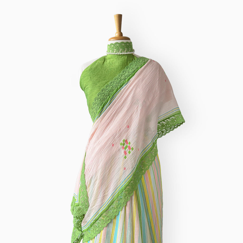 Mul Chanderi Crush Saree Saree Light Pink & Bright Green Mul Chanderi Crush Saree
