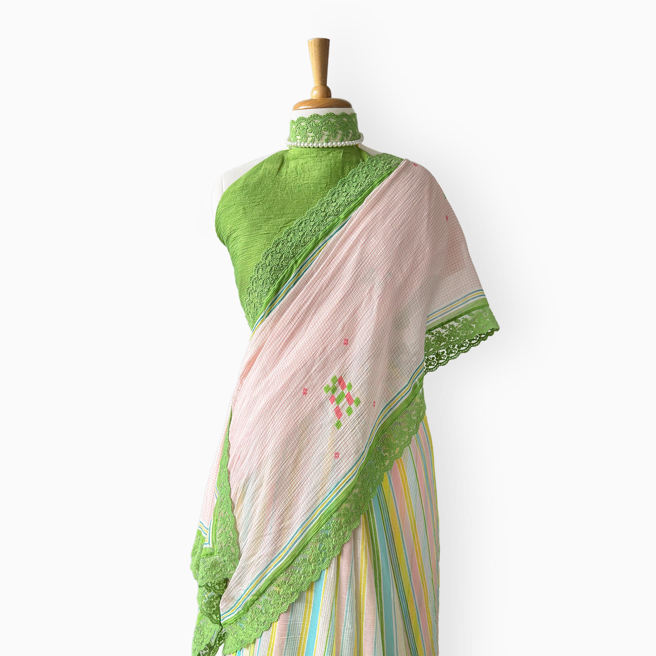 Mul Chanderi Crush Saree Saree Light Pink & Bright Green Mul Chanderi Crush Saree