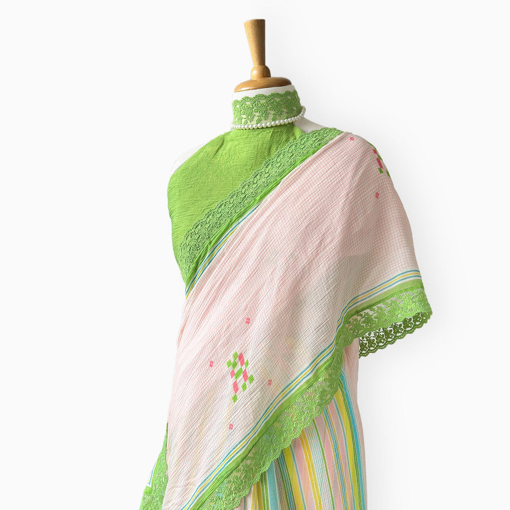 Mul Chanderi Crush Saree Saree Light Pink & Bright Green Mul Chanderi Crush Saree