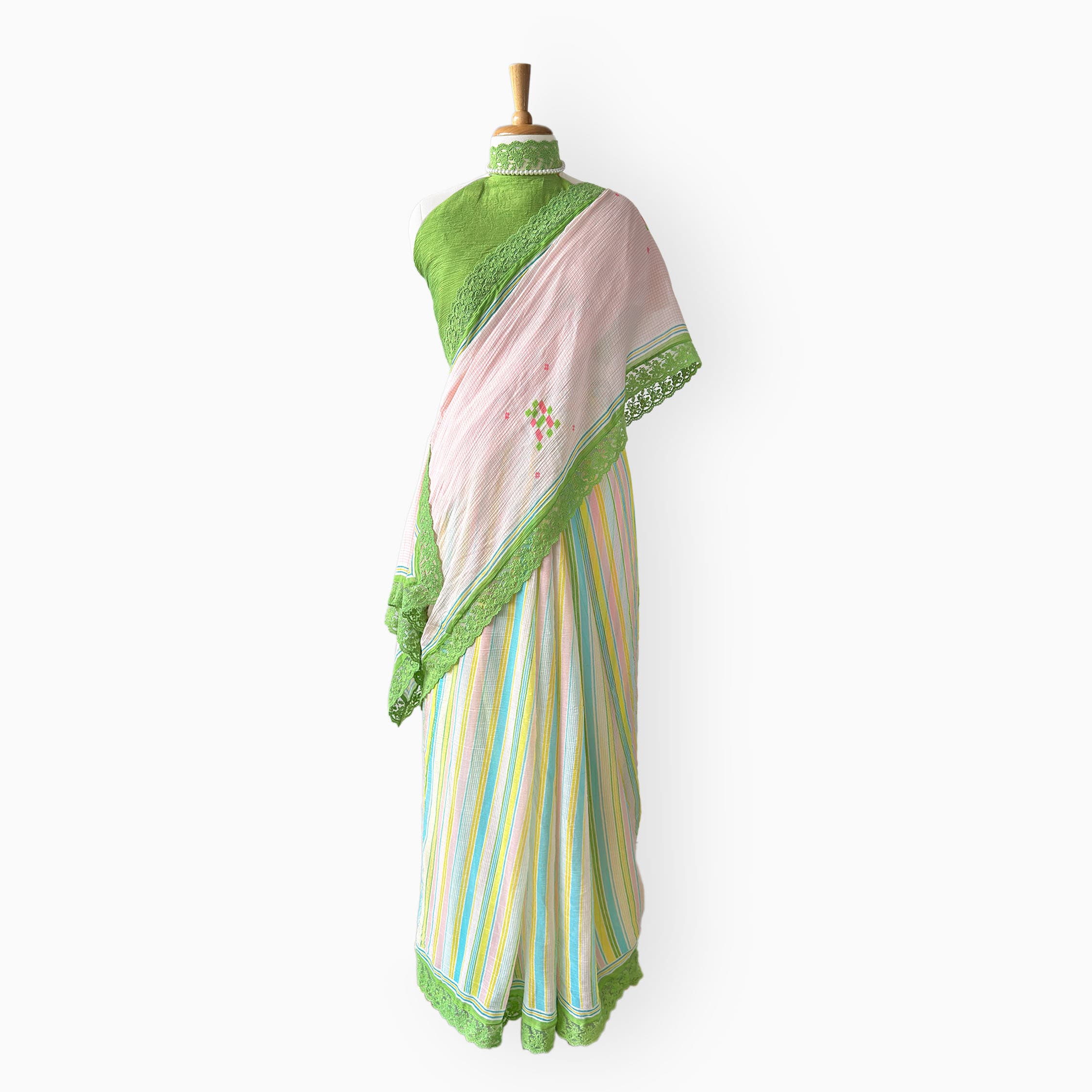 Mul Chanderi Crush Saree Saree Light Pink & Bright Green Mul Chanderi Crush Saree