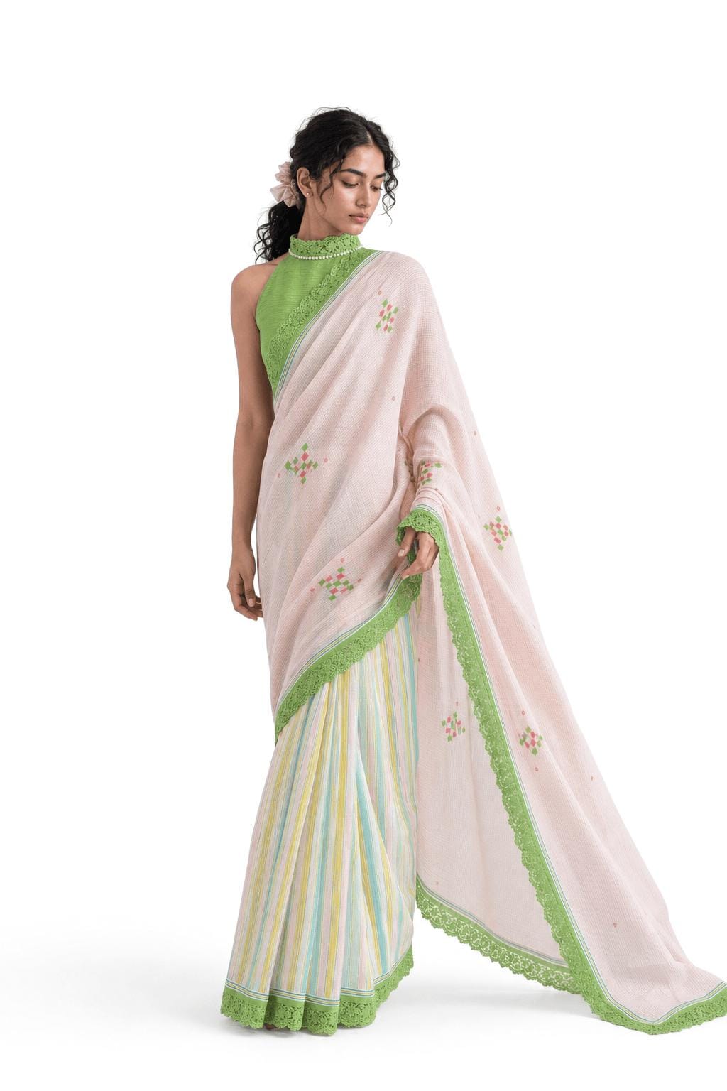 Mul Chanderi Crush Saree Saree Light Pink & Bright Green Mul Chanderi Crush Saree