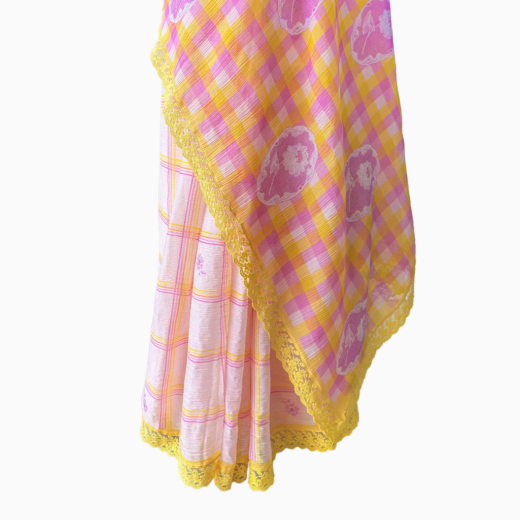 Mul Chanderi Crush Saree Saree Lilac & Bright Yellow Mul Chanderi Crush Saree