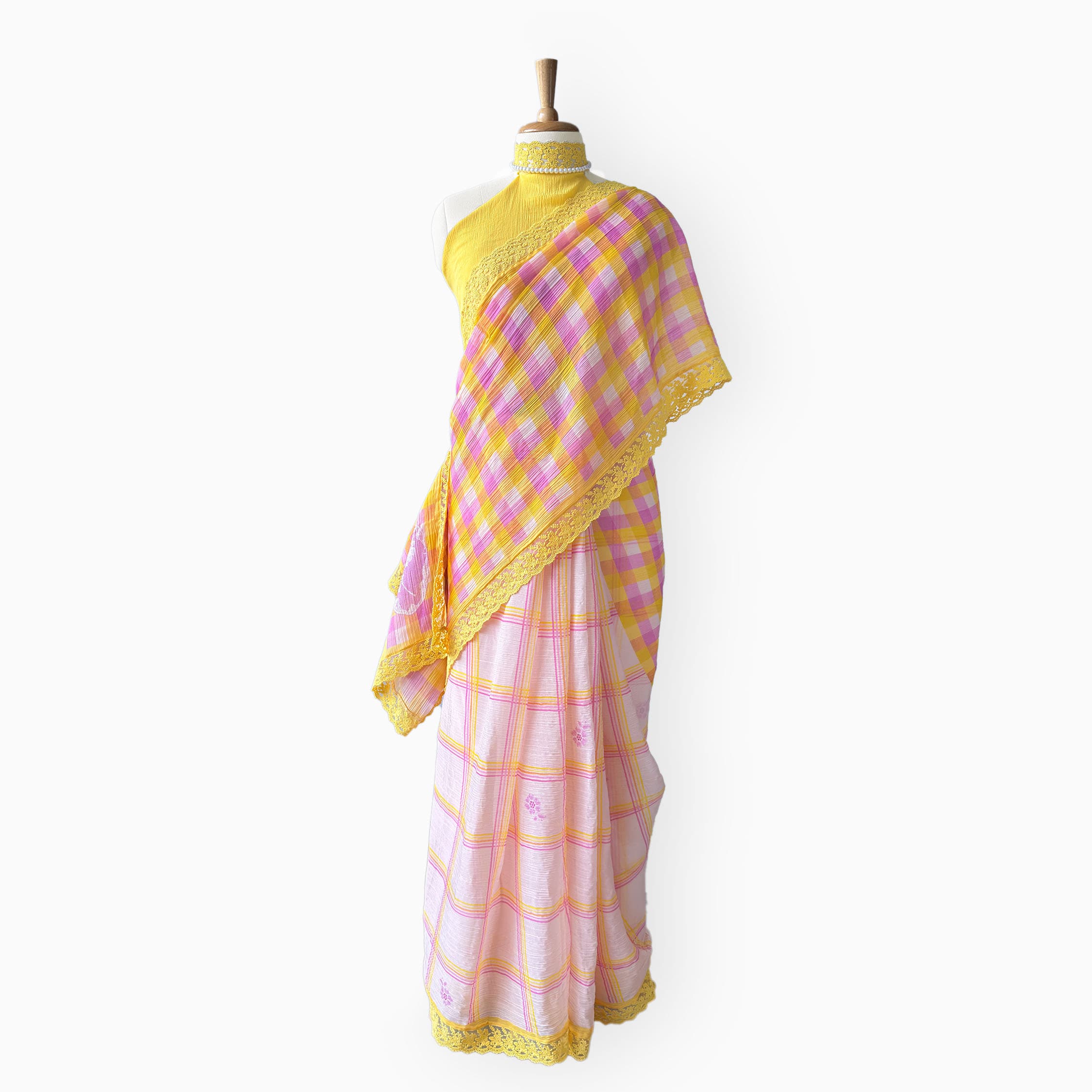 Mul Chanderi Crush Saree Saree Lilac & Bright Yellow Mul Chanderi Crush Saree
