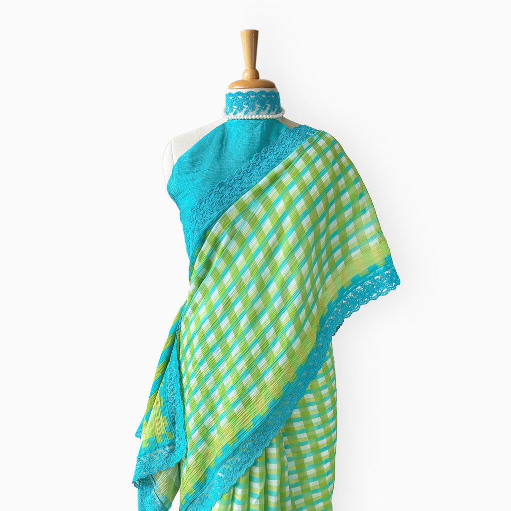 Mul Chanderi Crush Saree Saree Lush Green & Cyan Blue Mul Chanderi Crush Saree