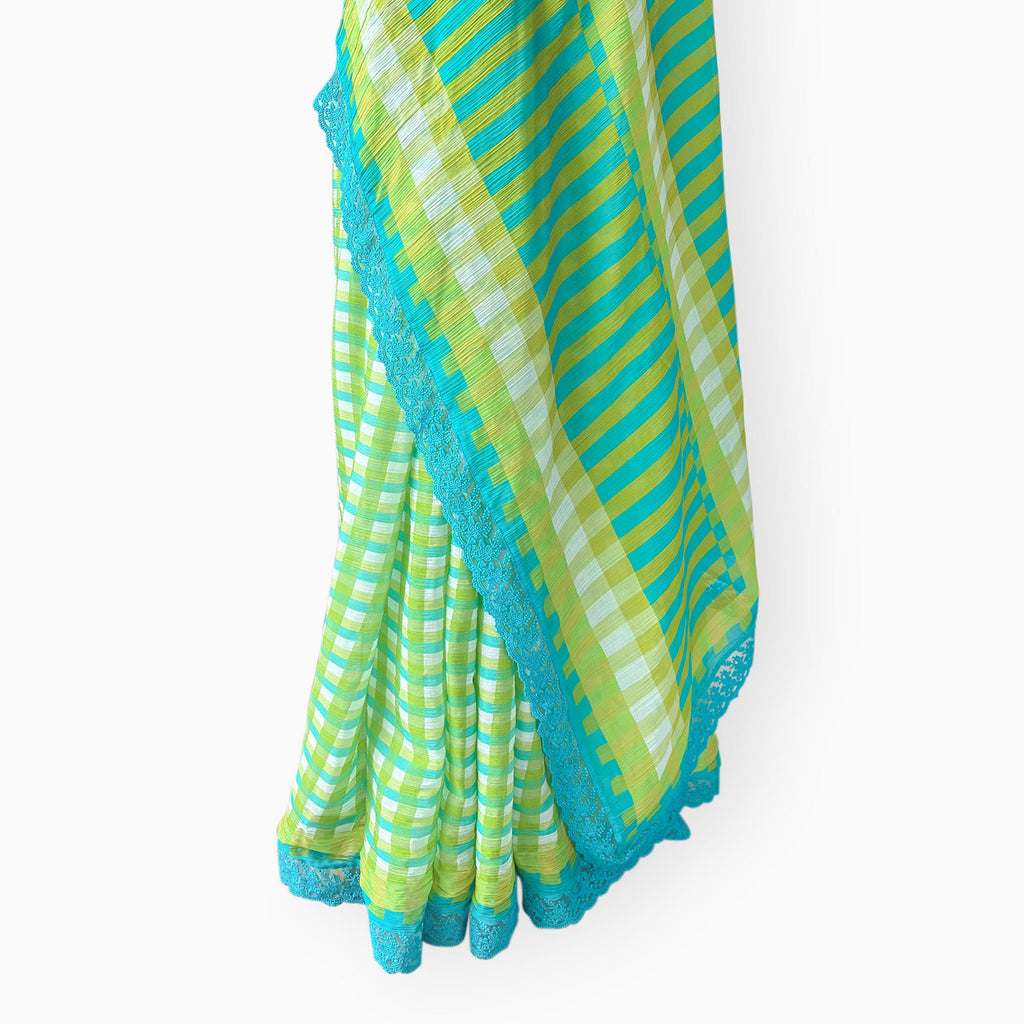 Mul Chanderi Crush Saree Saree Lush Green & Cyan Blue Mul Chanderi Crush Saree