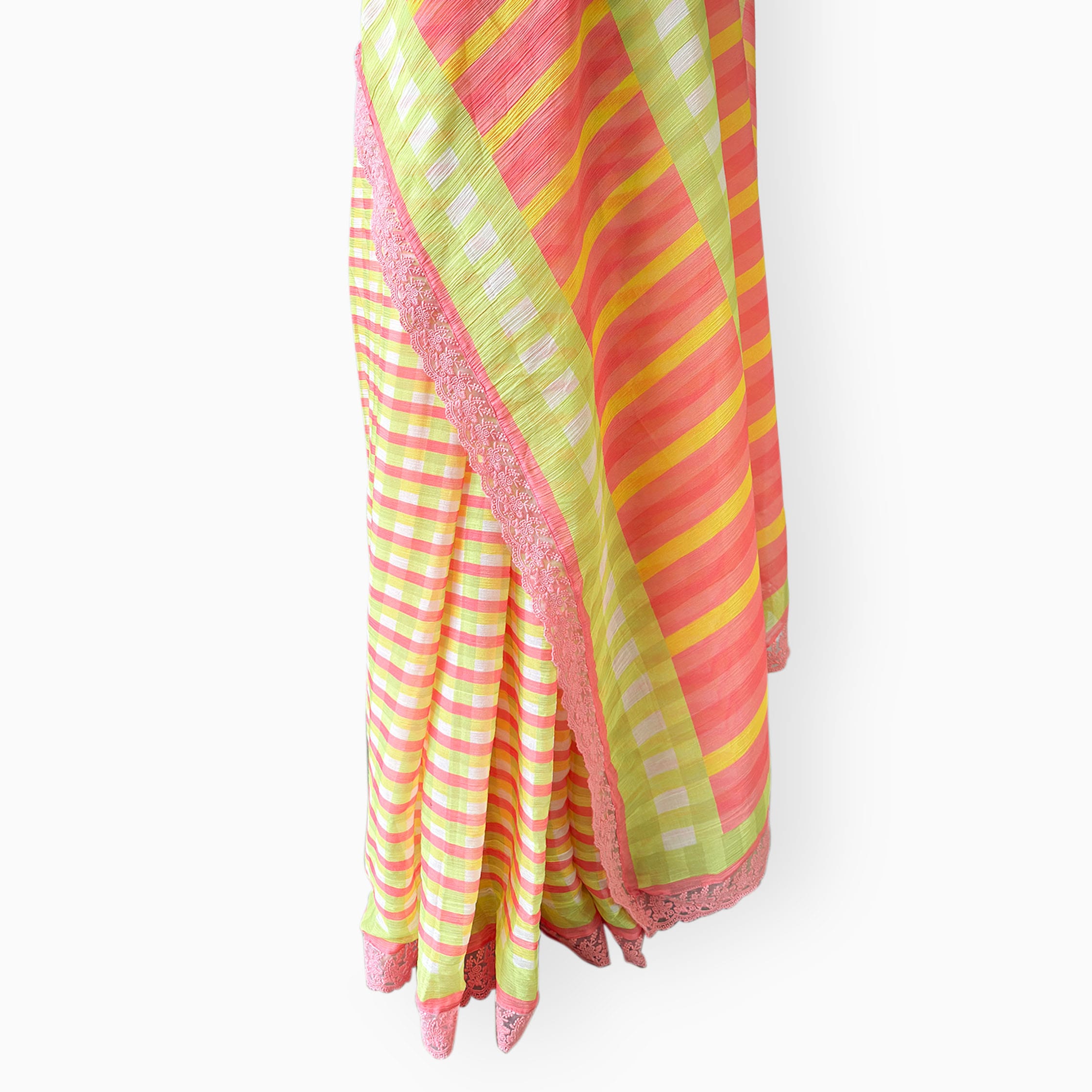 Mul Chanderi Crush Saree Saree Salmon Pink & Yellow Mul Chanderi Crush Saree