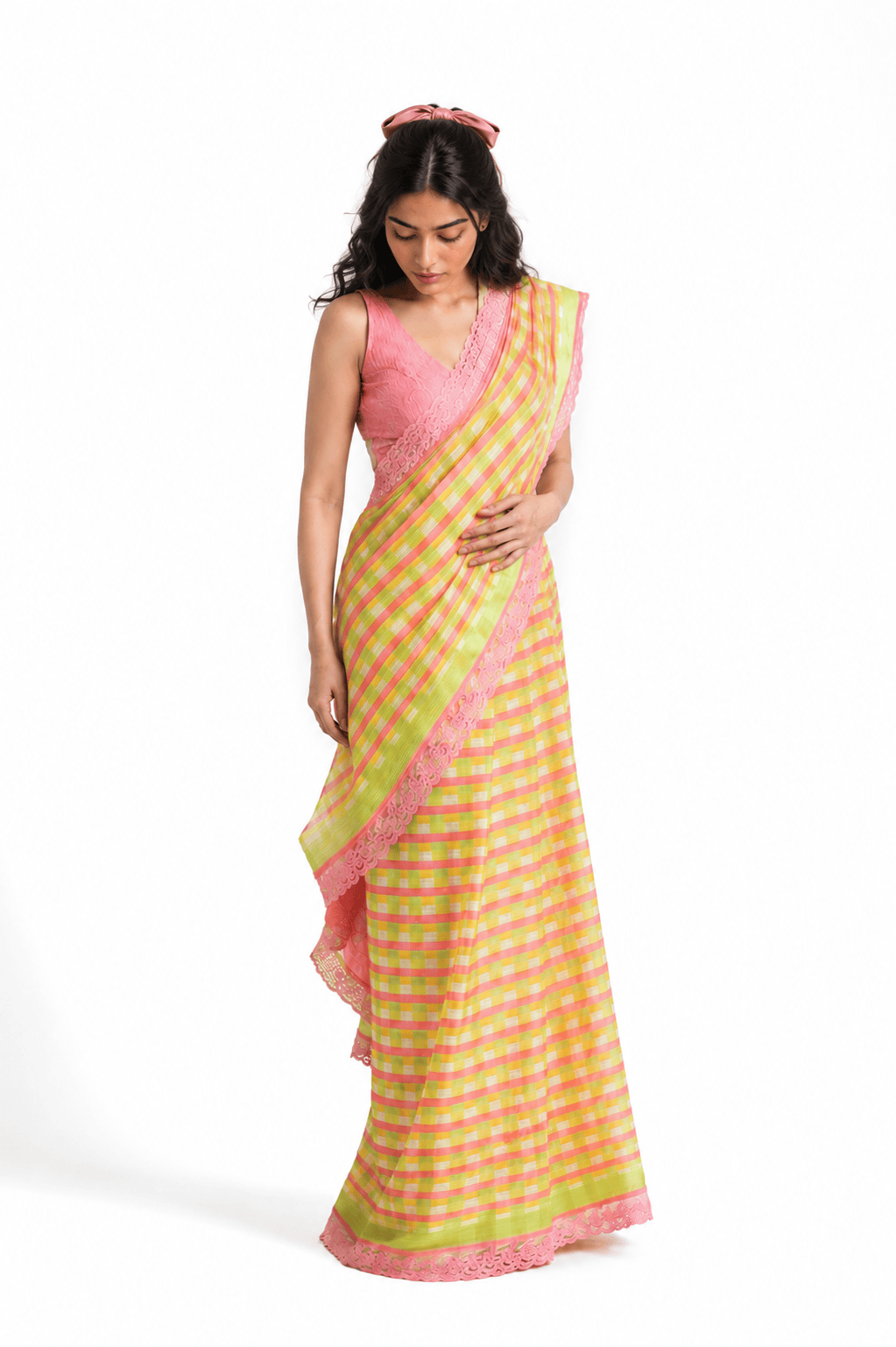 Mul Chanderi Crush Saree Saree Salmon Pink & Yellow Mul Chanderi Crush Saree