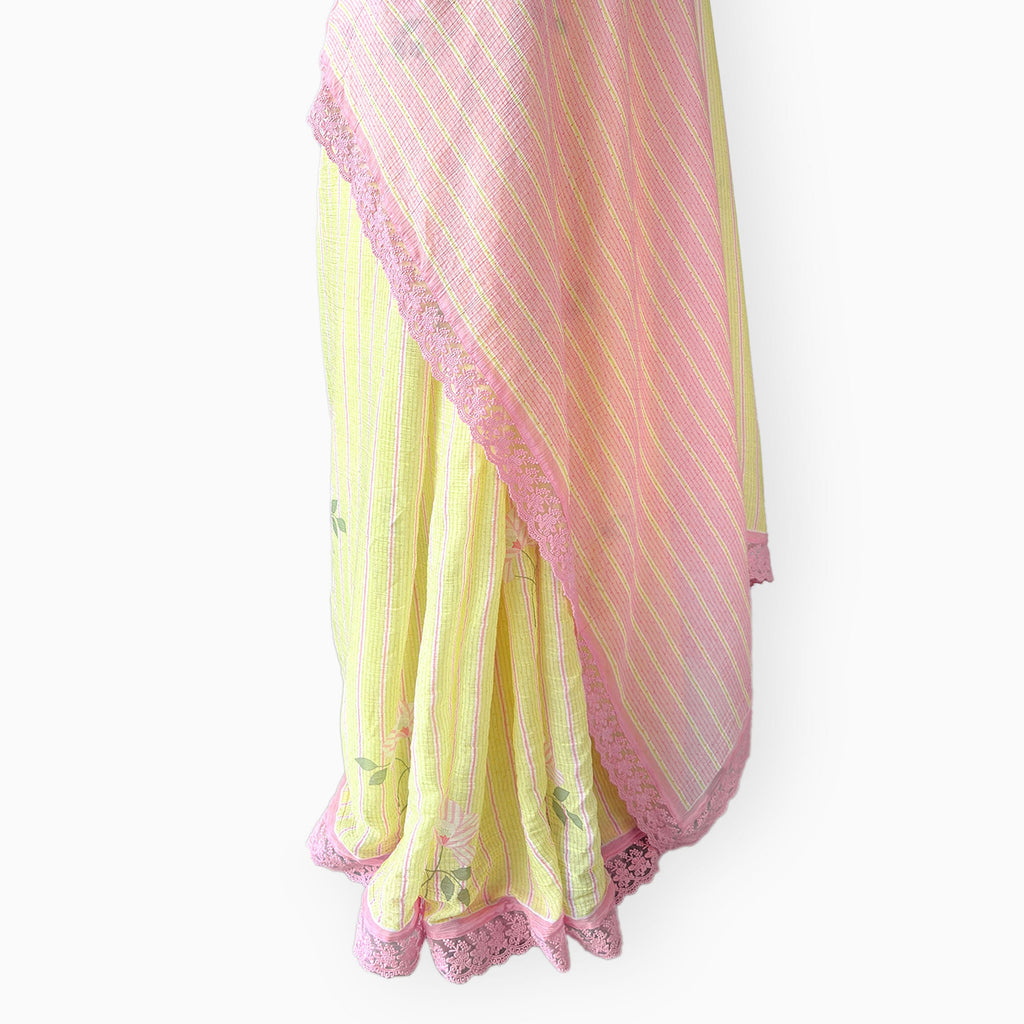 Mul Chanderi Crush Saree Saree Summer Yellow & Rose Pink Mul Chanderi Crush Saree