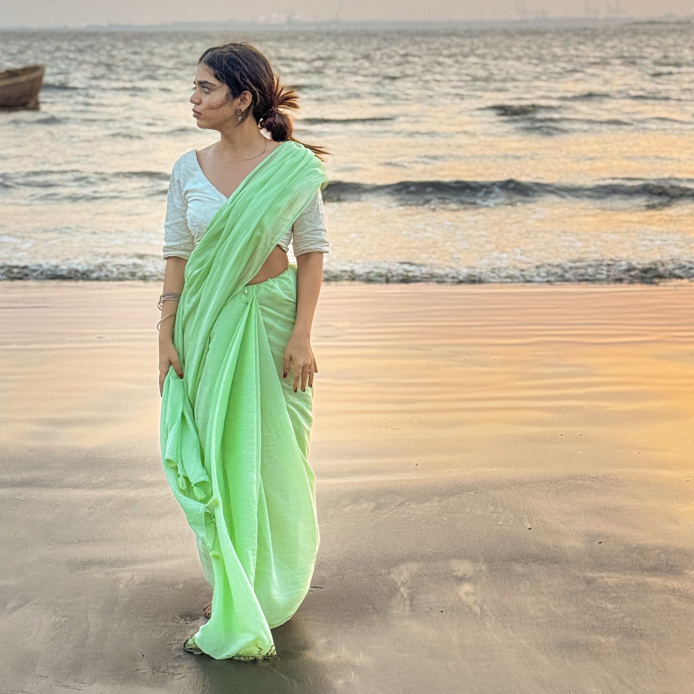 Mul Chanderi Saree Saree A Walk In the Meadows Hand Dyed Pure Mul Chanderi Saree