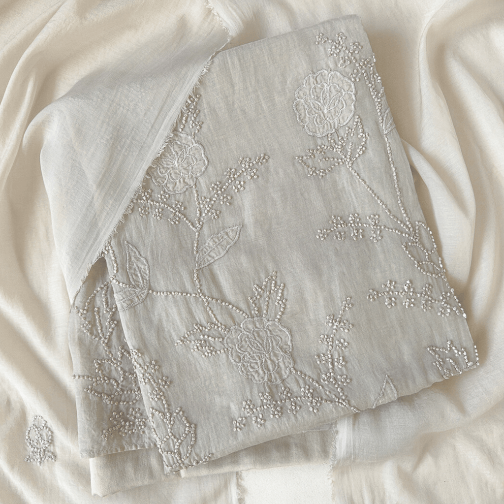 Mul Chanderi Suit Set Unstitched Suit Ash Grey Bloom of Roses Hand Embroidered Pure Mul Chanderi Unstitched Suit sets