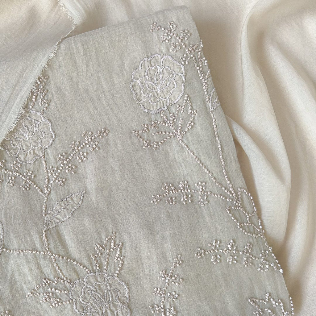 Mul Chanderi Suit Set Unstitched Suit Ash Grey Bloom of Roses Hand Embroidered Pure Mul Chanderi Unstitched Suit sets