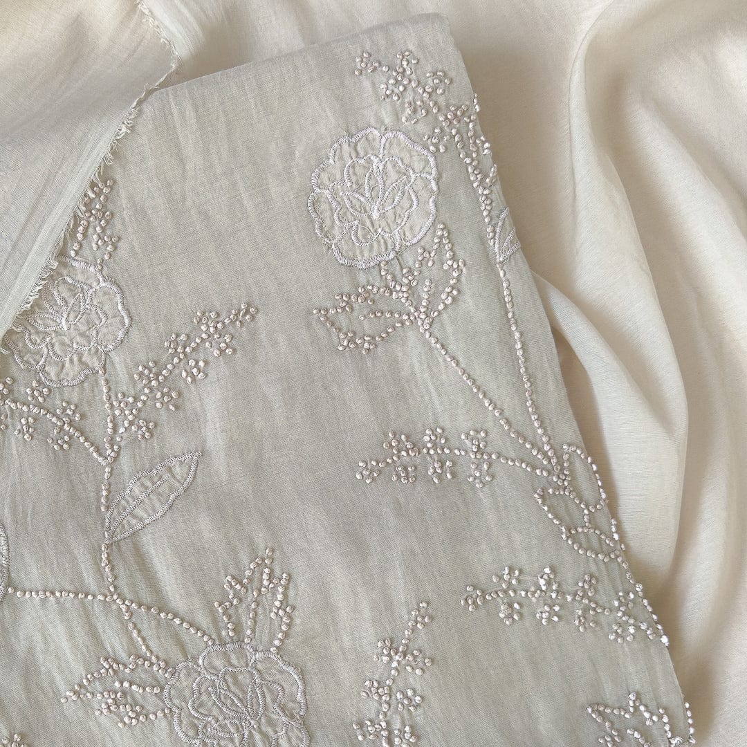 Mul Chanderi Suit Set Unstitched Suit Ash Grey Bloom of Roses Hand Embroidered Pure Mul Chanderi Unstitched Suit sets