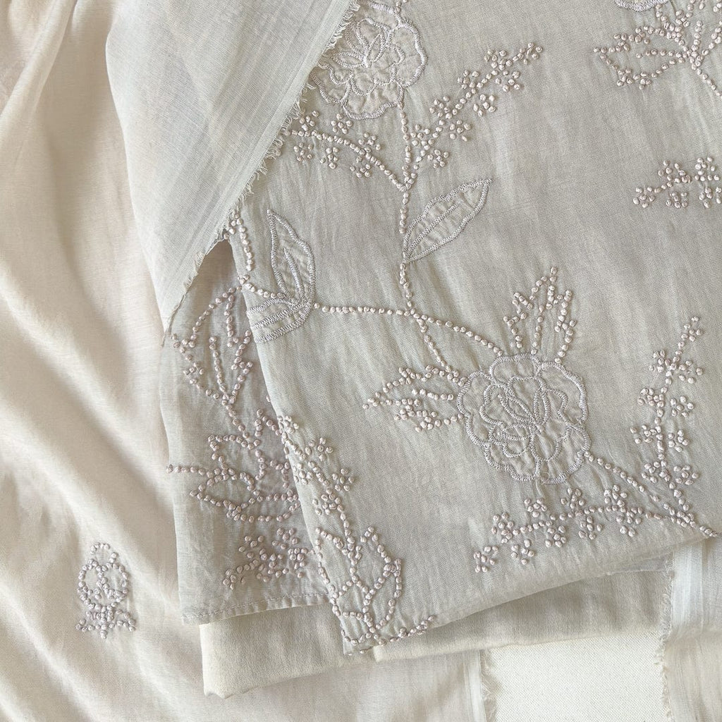 Mul Chanderi Suit Set Unstitched Suit Ash Grey Bloom of Roses Hand Embroidered Pure Mul Chanderi Unstitched Suit sets