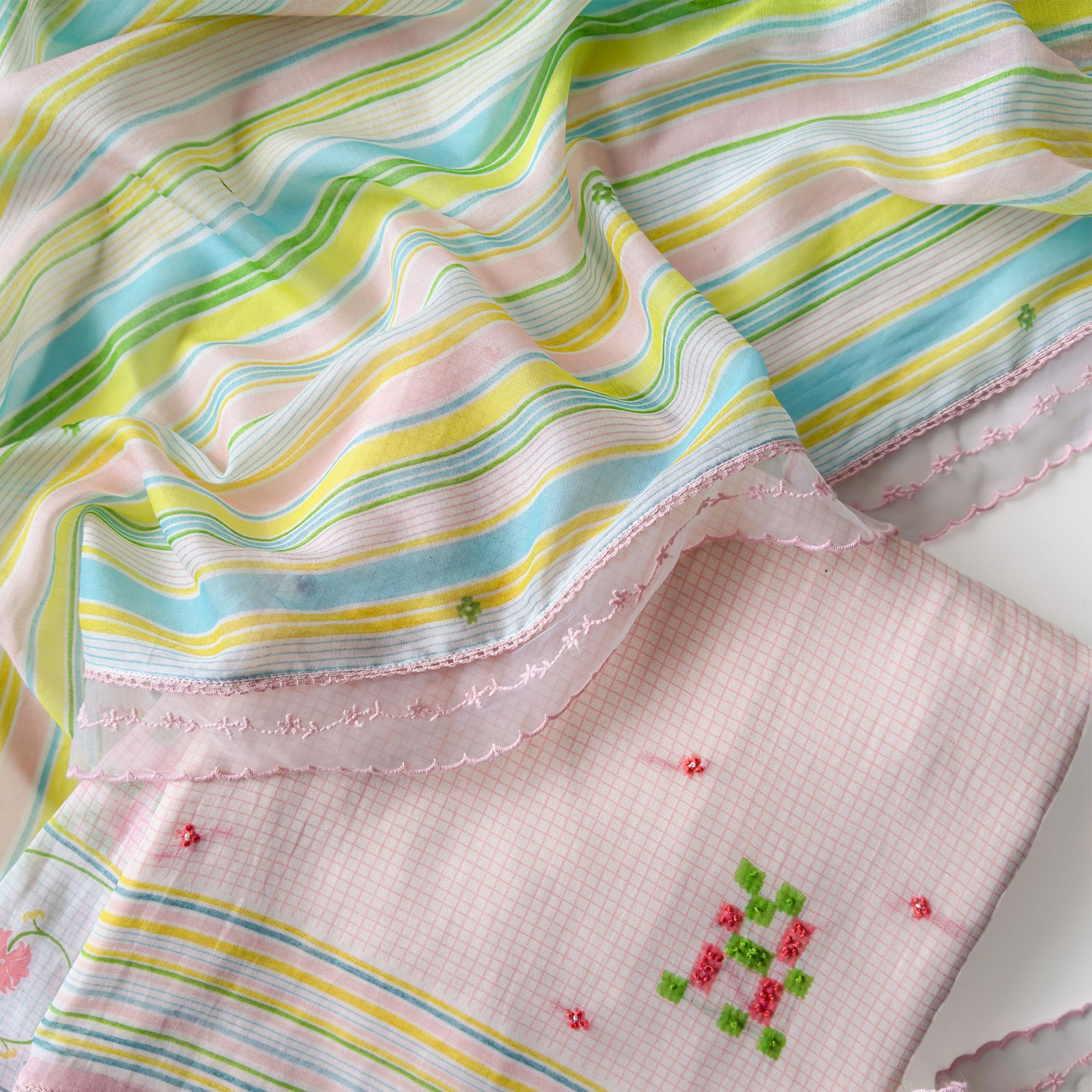 Mul Chanderi Suit Set Unstitched Suit Light Peach & Baby Pink Mul Chanderi Suit Set