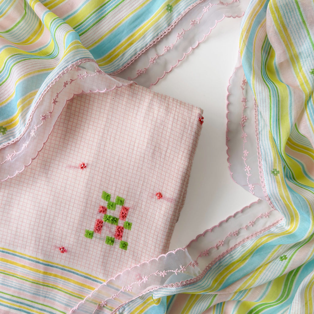 Mul Chanderi Suit Set Unstitched Suit Light Peach & Baby Pink Mul Chanderi Suit Set