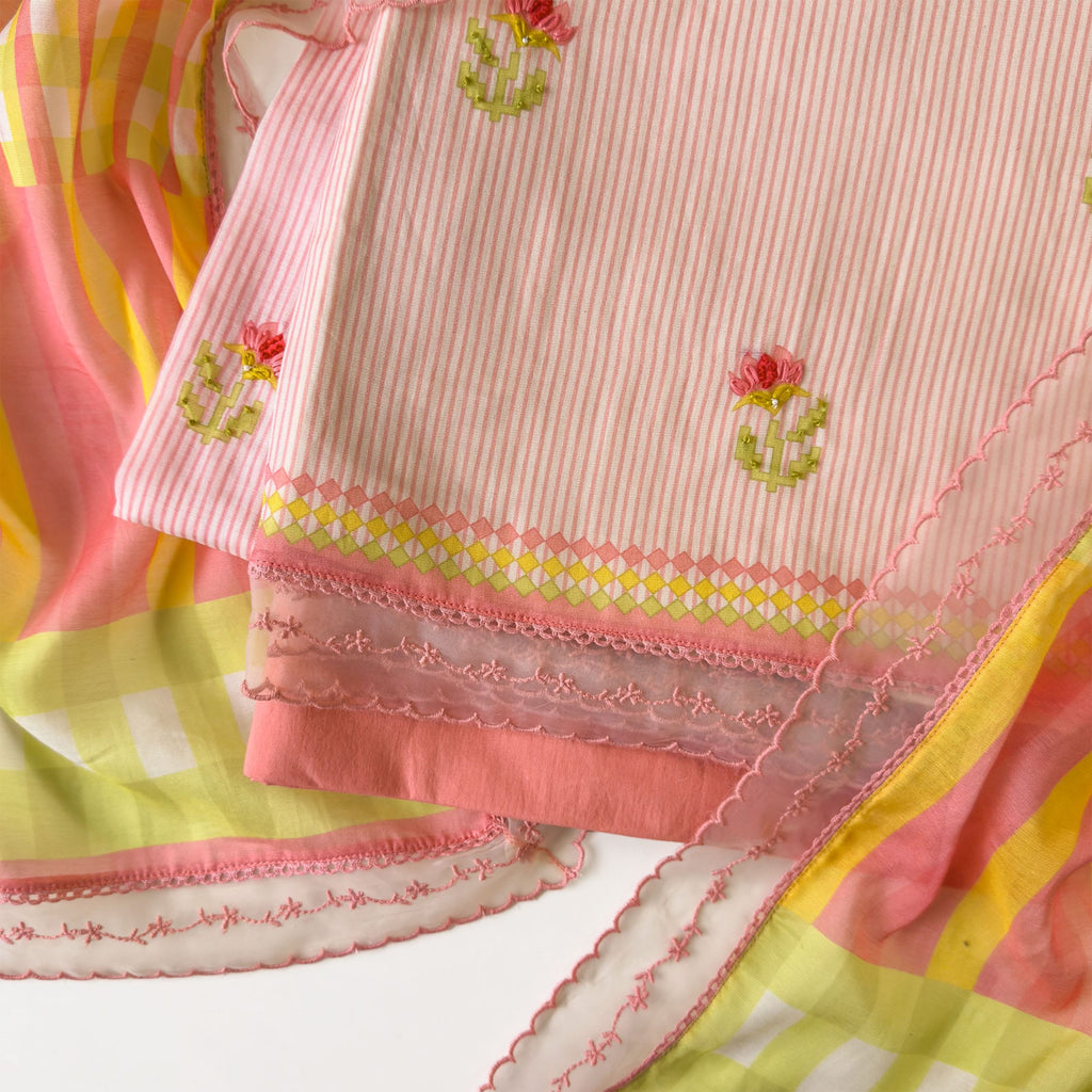Mul Chanderi Suit Set Unstitched Suit Light Peach & Yellow Mul Chanderi Suit Set