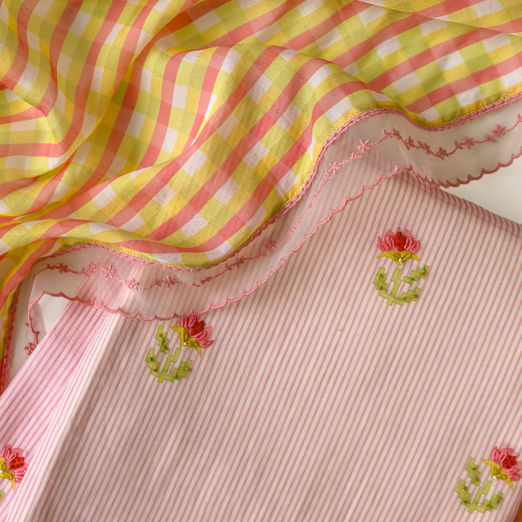 Mul Chanderi Suit Set Unstitched Suit Light Peach & Yellow Mul Chanderi Suit Set