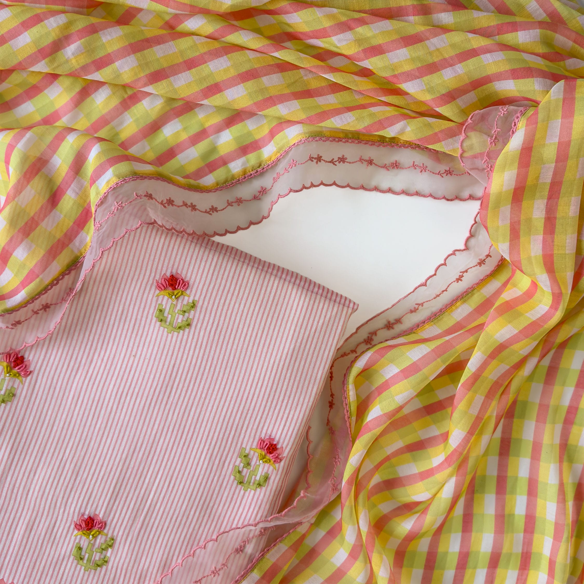Mul Chanderi Suit Set Unstitched Suit Light Peach & Yellow Mul Chanderi Suit Set