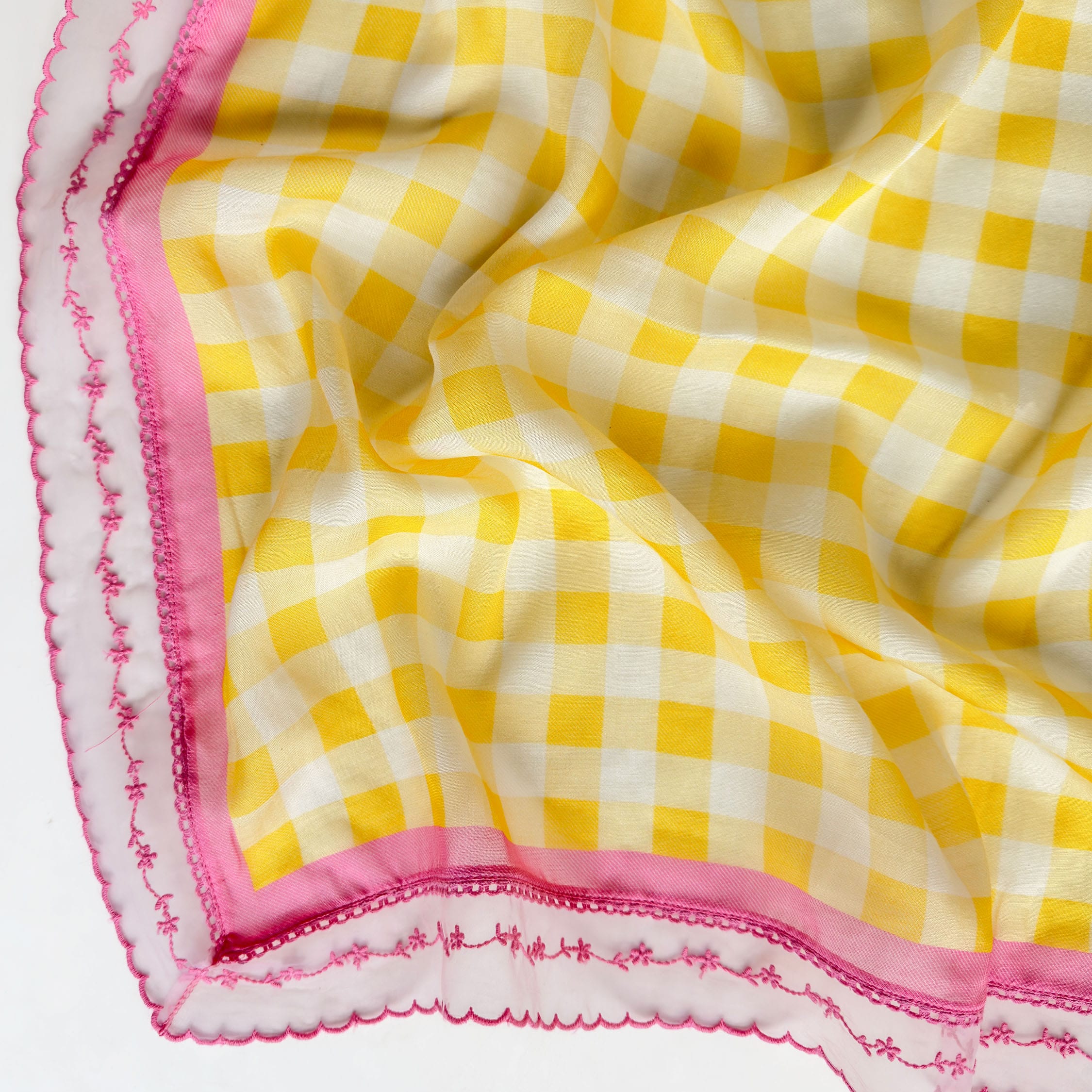 Mul Chanderi Suit Set Unstitched Suit Off-White & Yellow-Pink Mul Chanderi Suit Set