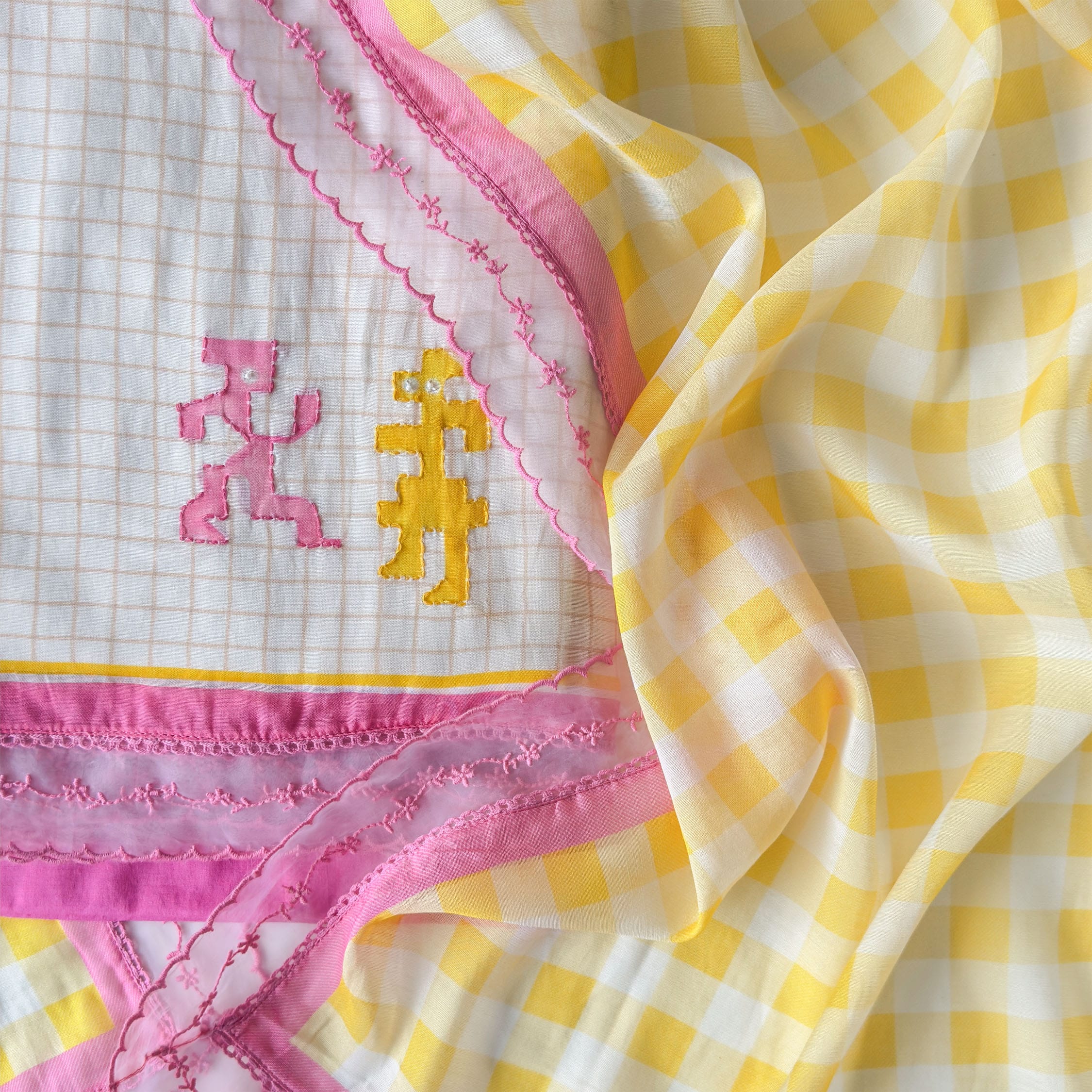 Mul Chanderi Suit Set Unstitched Suit Off-White & Yellow-Pink Mul Chanderi Suit Set