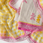 Mul Chanderi Suit Set Unstitched Suit Off-White & Yellow-Pink Mul Chanderi Suit Set