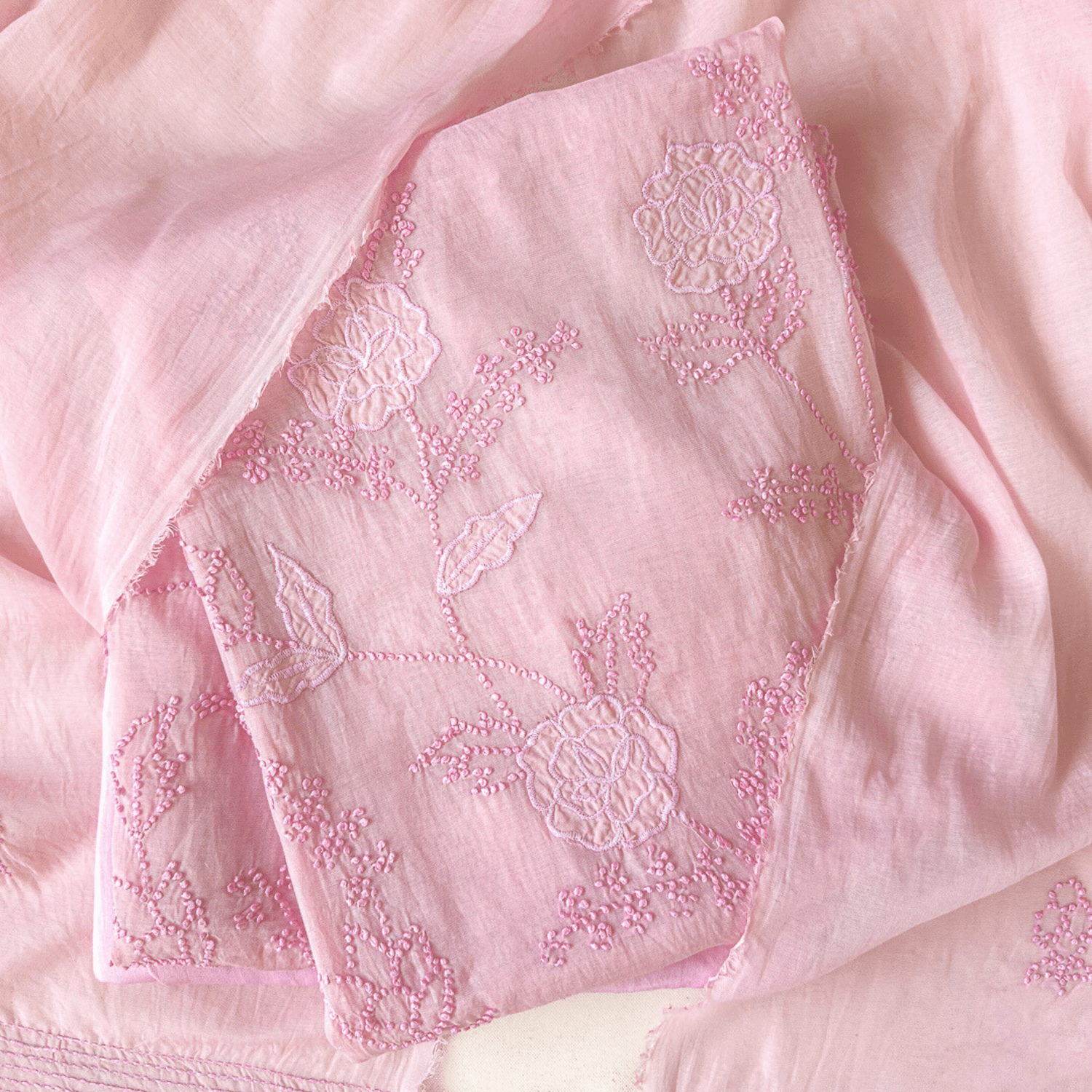 Mul Chanderi Suit Set Unstitched Suit Pastel Pink Bloom of Roses Hand Embroidered Pure Mul Chanderi Unstitched Suit sets