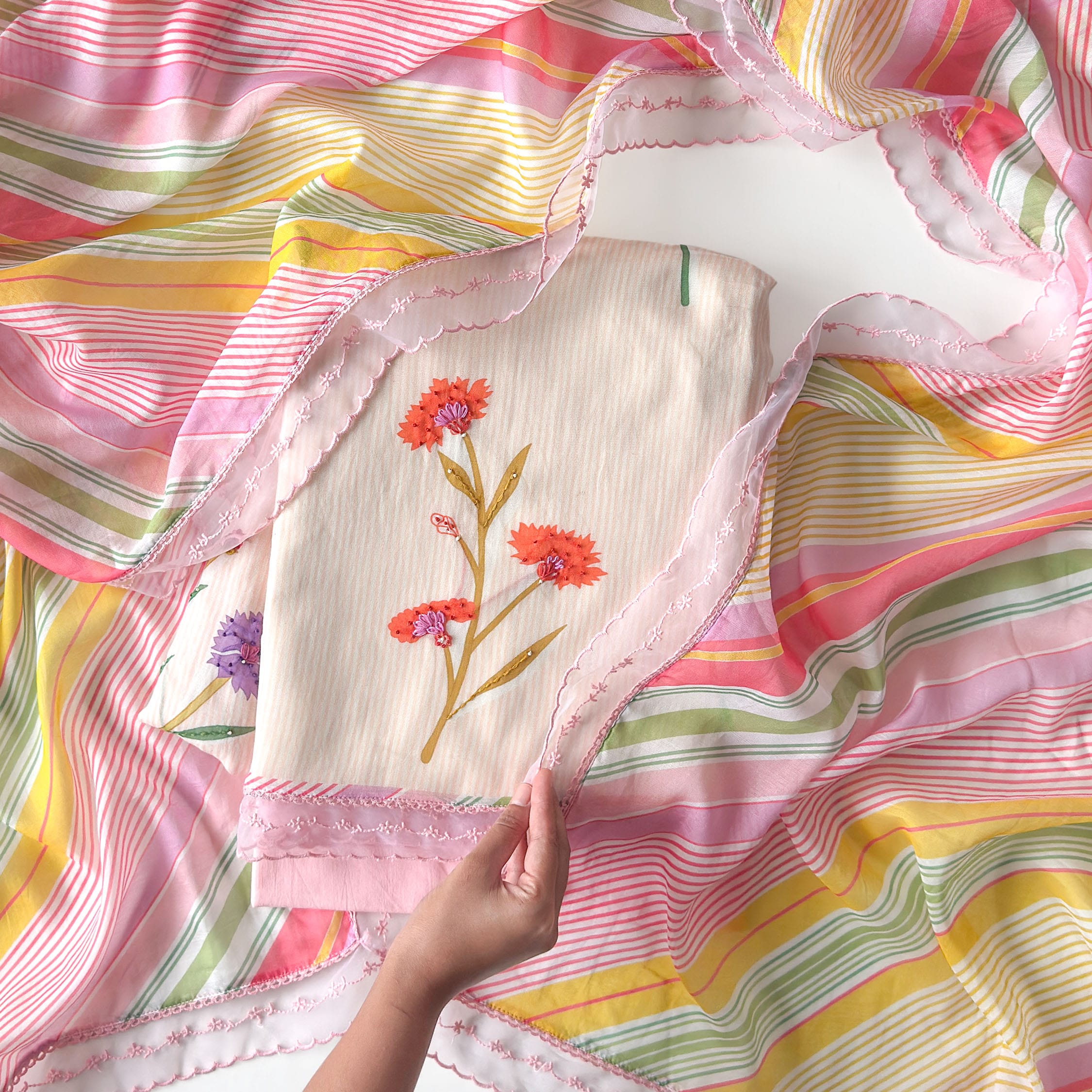 Mul Chanderi Suit Set Unstitched Suit Peach & Baby Pink Mul Chanderi Suit Set