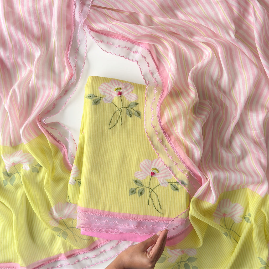 Mul Chanderi Suit Set Unstitched Suit Summer Yellow & Pink Mul Chanderi Suit Set