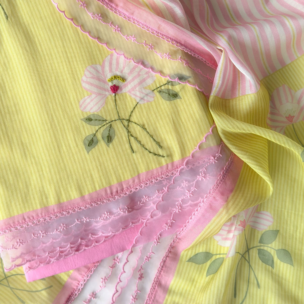 Mul Chanderi Suit Set Unstitched Suit Summer Yellow & Pink Mul Chanderi Suit Set