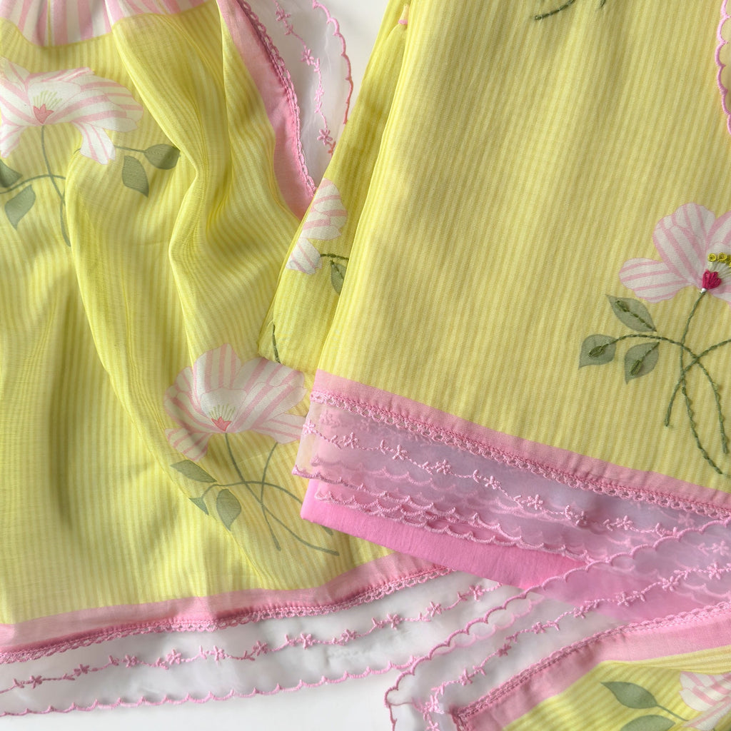 Mul Chanderi Suit Set Unstitched Suit Summer Yellow & Pink Mul Chanderi Suit Set