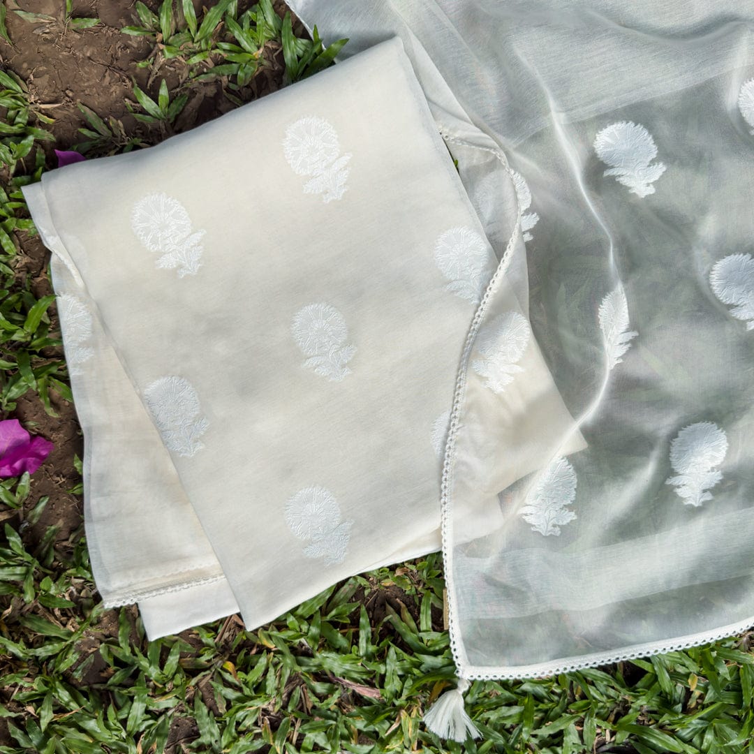 Mul Chanderi Suit Sets Unstitched Suit Safed Egyptian Floral Woven Pure Mul Chanderi Unstitched Suit Sets