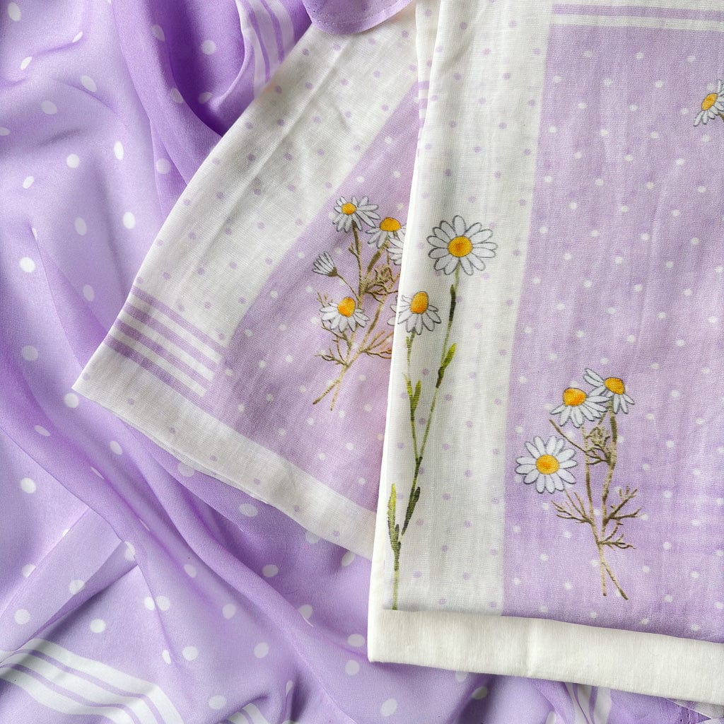 Mul Chanderi Suit Sets Unstitched Suit White & Lilac The Valley Girl Printed Pure Mul Chanderi Unstitched Suit Set