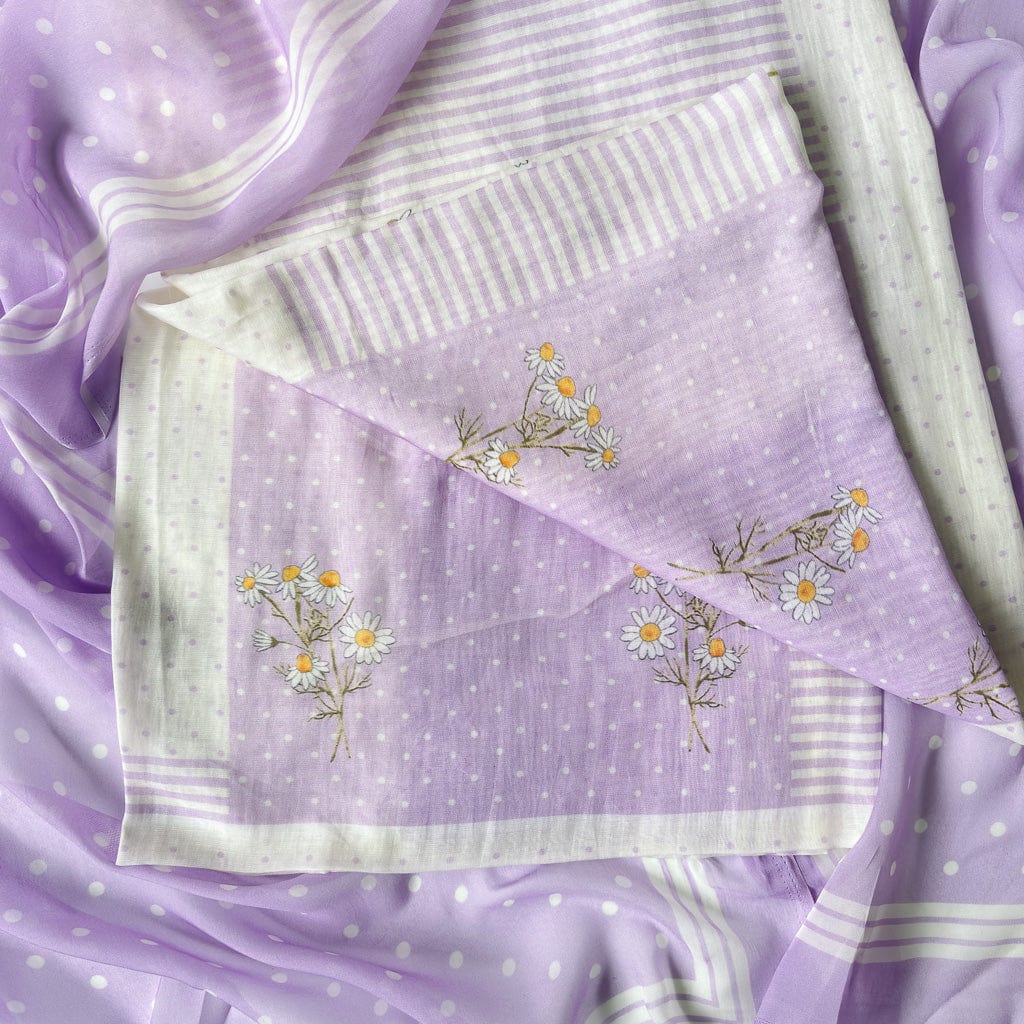 Mul Chanderi Suit Sets Unstitched Suit White & Lilac The Valley Girl Printed Pure Mul Chanderi Unstitched Suit Set