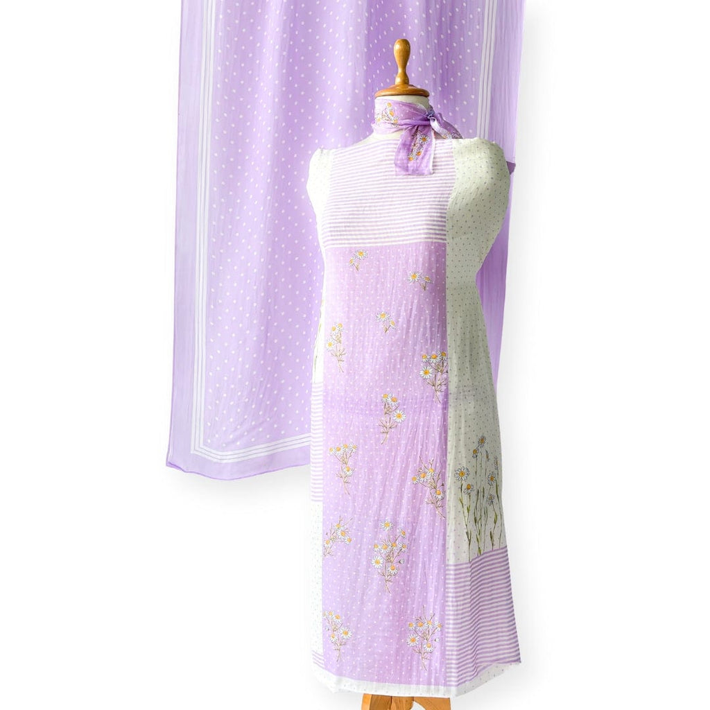 Mul Chanderi Suit Sets Unstitched Suit White & Lilac The Valley Girl Printed Pure Mul Chanderi Unstitched Suit Set