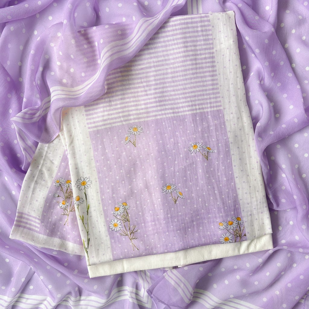 Mul Chanderi Suit Sets Unstitched Suit White & Lilac The Valley Girl Printed Pure Mul Chanderi Unstitched Suit Set