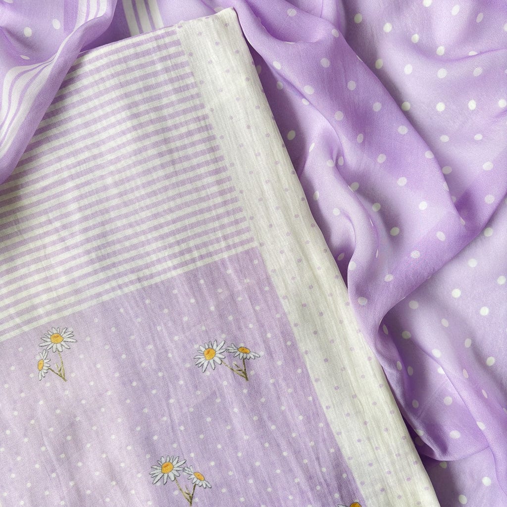 Mul Chanderi Suit Sets Unstitched Suit White & Lilac The Valley Girl Printed Pure Mul Chanderi Unstitched Suit Set