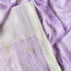 Mul Chanderi Suit Sets Unstitched Suit White & Lilac The Valley Girl Printed Pure Mul Chanderi Unstitched Suit Set